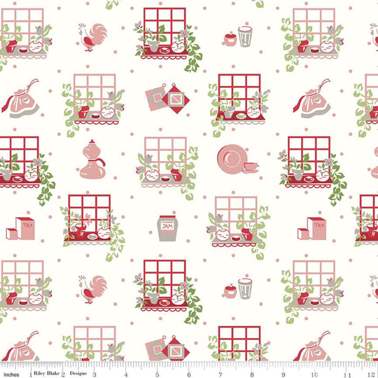 Cook Book Window Coral By Lori Holt For Riley Blake Designs - End Of Bolt
