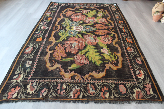 Vintage Karabagh Kilim, Ethnic Floral Black Large Kilim Rug, Boho Decoration/5'4"x8'6" Ft N-694