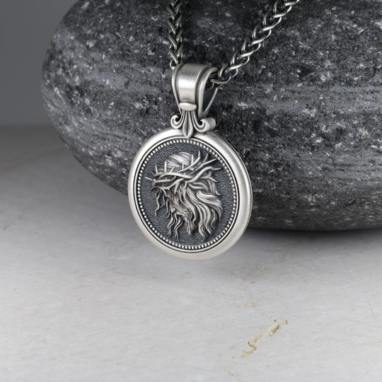 Jesus Christ Profile With 30mm Round Frame Pendant, 3.5mm Spiga Neck Chain, Faith Medallion, Memorial Necklace, Real Sterling Silver