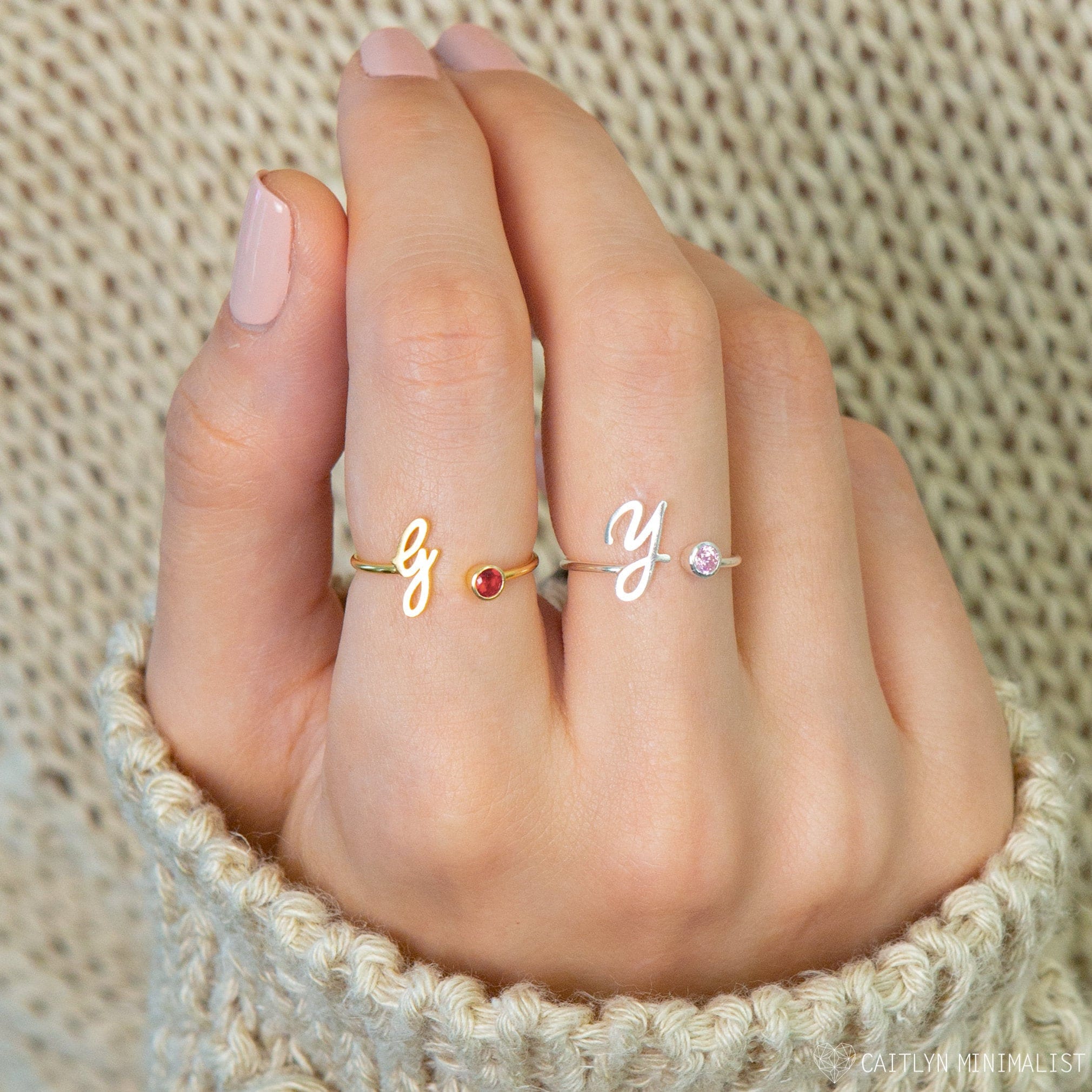 Initial Ring in Sterling Silver Birthstone Name Adjustable Letter Monogram Personalized Gifts Rm06F68