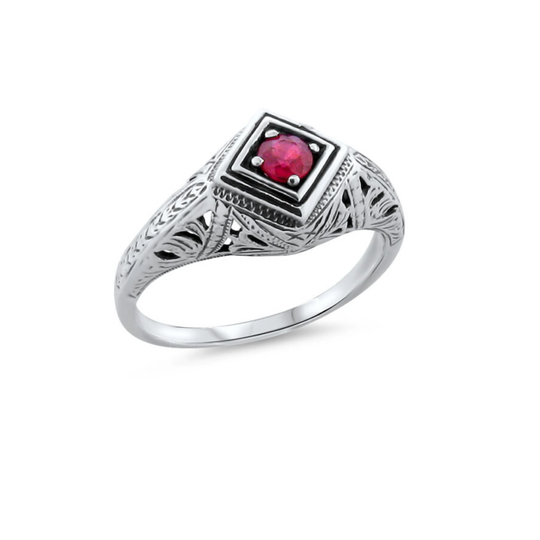 Vintage Estate Ruby Solitaire Filigree Ring in 925 Solid Sterling Silver 186