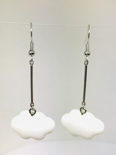 White Cloud Earrings, Long Dangle Silver Clouds Earring, Charms