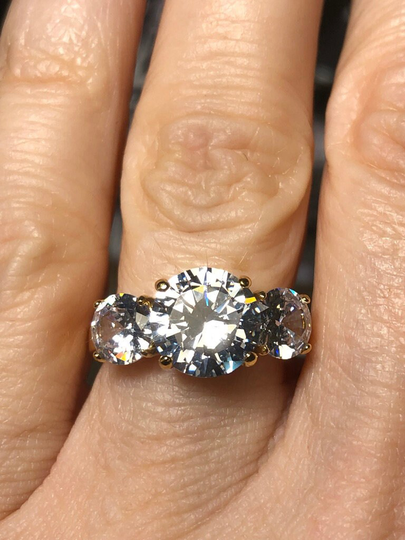 A 5Tcw Yellow Gold Vermeil Grade Aaaaa Cubic Zirconia Three Stone Journey Anniversary Ring