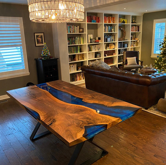 Epoxy Table, Dining Walnut River Custom 72" X 40" Blue Order For Dallas A