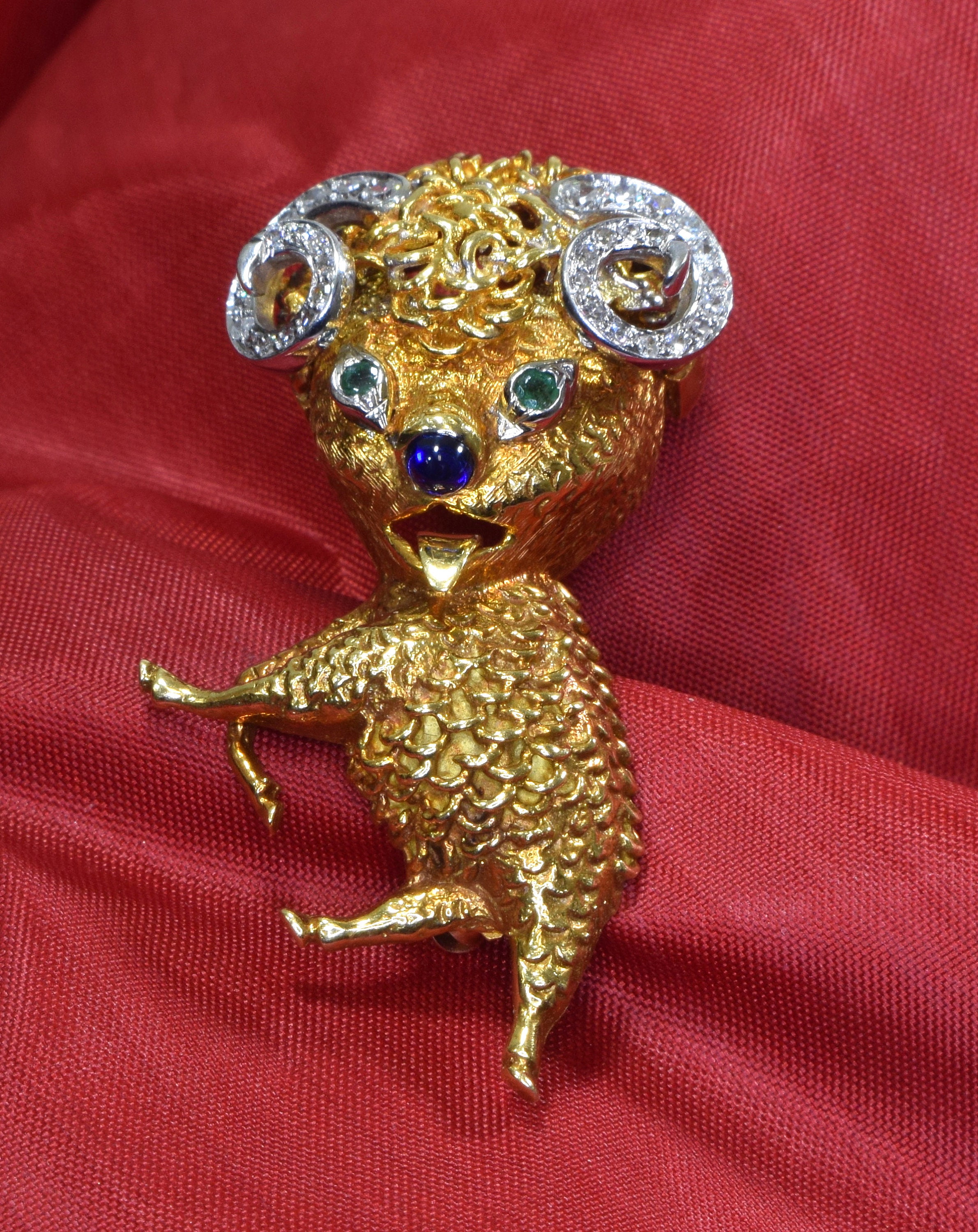 Aries Brooch, Yellow Gold & Diamond Ram Pin