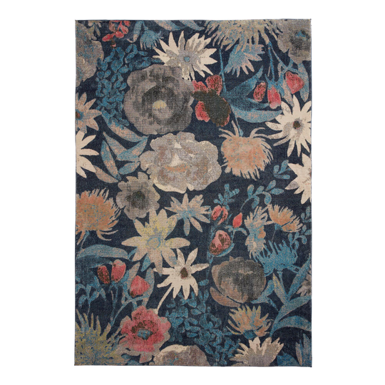 Navy Blue and Ivory Floral Ava Area Rug: Blue/Multi - Polyester - 6' x 9' by World Market