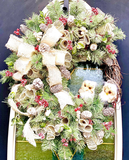 Frosted Balsam Stems Pinecones & Berries Christmas Wreath, Decor, Owls Winter Flocked Pine Grapevine, Deco Mesh On Grapevine