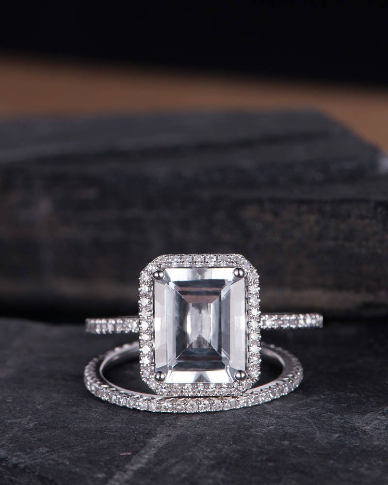Emerald Cut White Topaz Engagement Ring Gold Halo Diamond Eternity Wedding Band Bridal Set Anniversary Women Minimalist