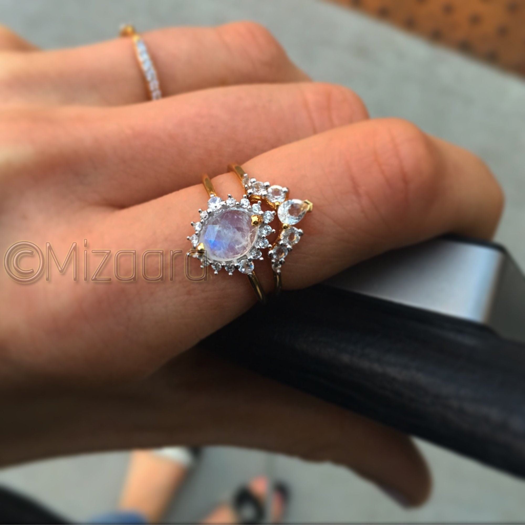 Diamond Moonstone Gold Ring Sterling Silver Checker Dainty Gemstone Jewelry Women's Gift Delicate Proposal Girl