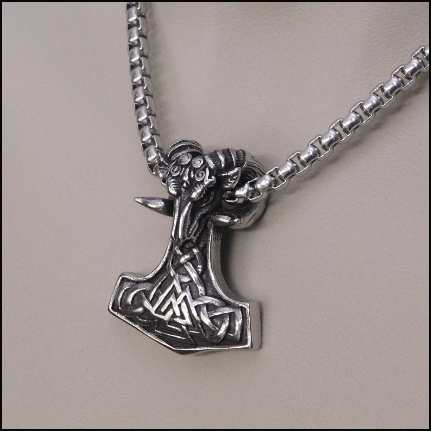 Beautifully Sculptured Ram's Head Mjolnir On Chunky Polished Rounded Box Chain - Gift Boxed