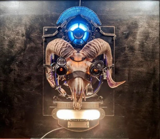 steampunk Ram Skull, Skull Wall Decor, Art, Handmade Art Backlit