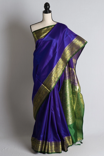 Blended Silk Traditional Valkalam Banarasi Saree in Bluish Purple & Green