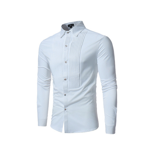 Men's Shirt Long-Sleeved Cotton Blended Single Breasted Turn Down Collar Solid Color Front Pleated Design Shirt Fit Men's Shirt - white, xxl