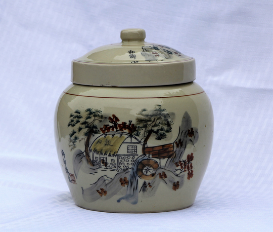 Vintage Chinese Cookie Jar, Celadon Glaze, Country Scene, Thatched Cottage & Water Wheel, Signed, Made in China, Ceramic Jar