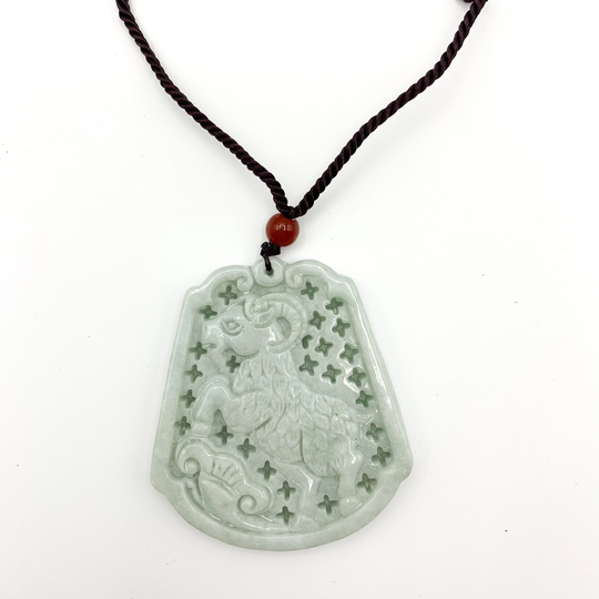 Large Jadeite Jade Sheep Goat Ram Chinese Zodiac Carved Pendant Necklace, Yjd-0321-0342965