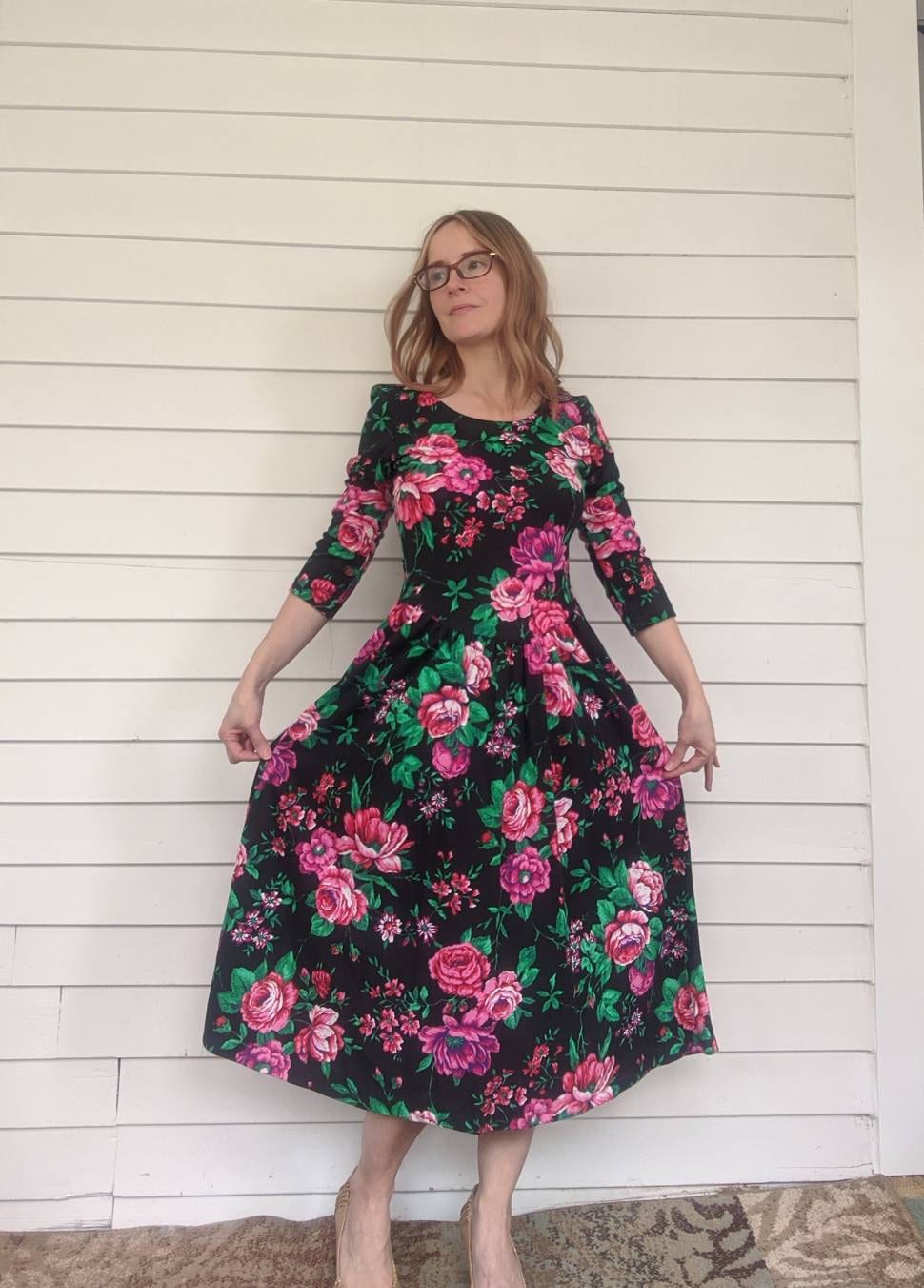 80S Floral Dress Cotton Blend Garden Print Long Vintage S