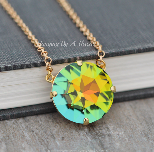 Rare Sahara Large Crystal Necklace, Stacking Layering Necklace, Gold Swarovski Pendant, 27mm, Dark Rainbow, Jewel Toned, Gift, 1201
