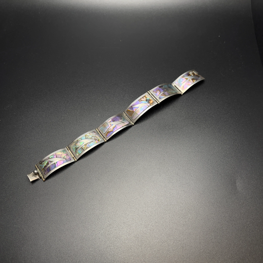 Talleres De Los Ballesteros Abalone & Sterling Silver Panel Bracelet, Taxco, Mexico, 925, Mint Condition
