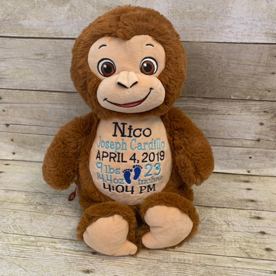 Monkey Birth Stat Stuffed Animal, Personalized Baby Gift, Animal, Embroidered Monkey, Signature Cubbie, Cubbies