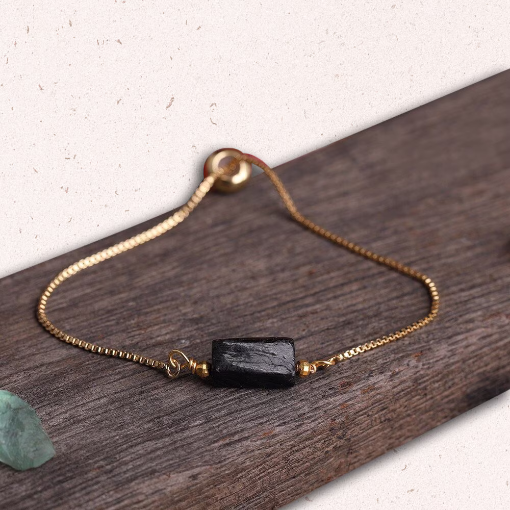 Black Tourmaline Adjustable Gold Bracelet, Negative Energy Protection, Raw Stone, October Birthstone Jewelry
