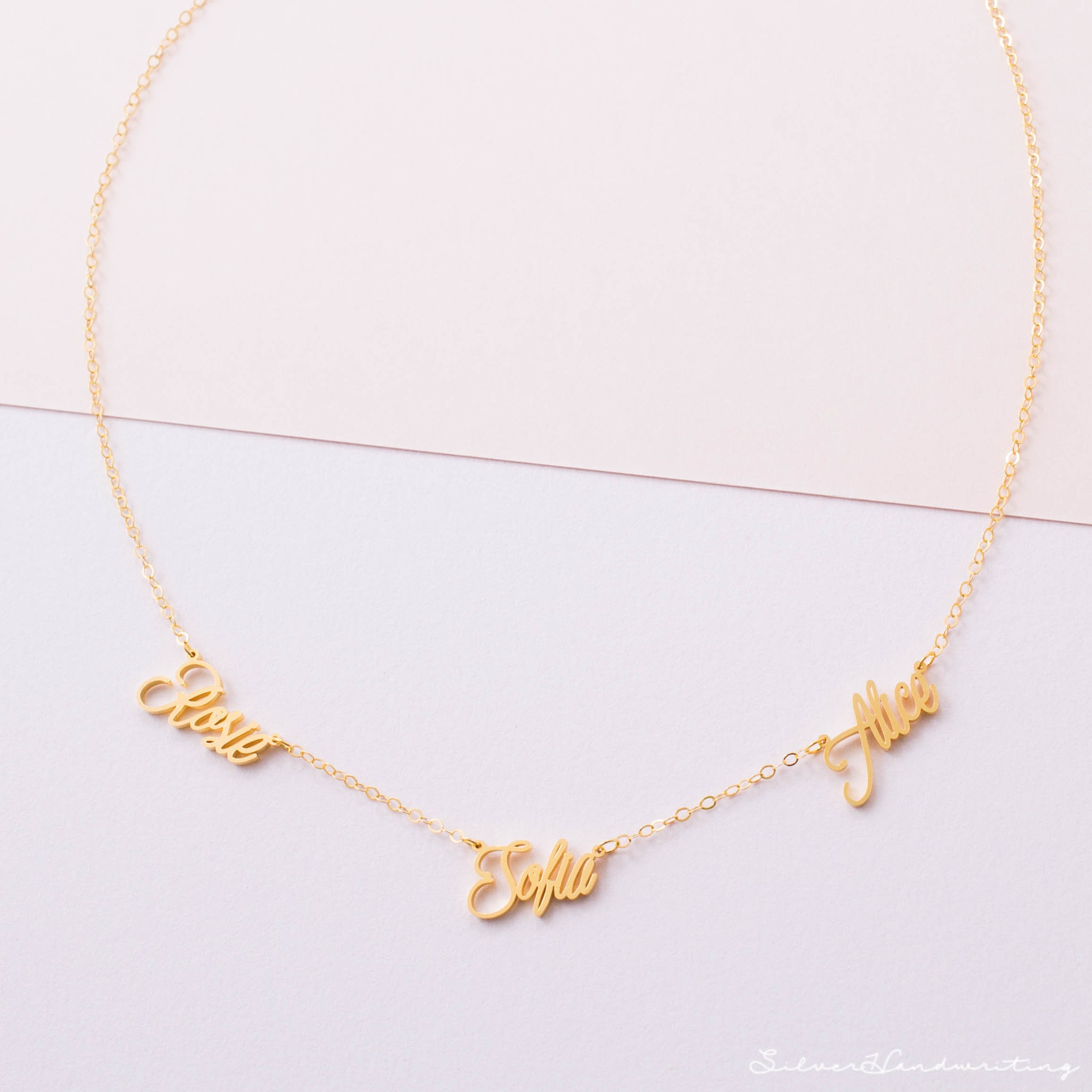 Custom Name Necklace Triple Dainty Children's Names For Mom in Sterling Silver, Gold & Rose Nh05F70