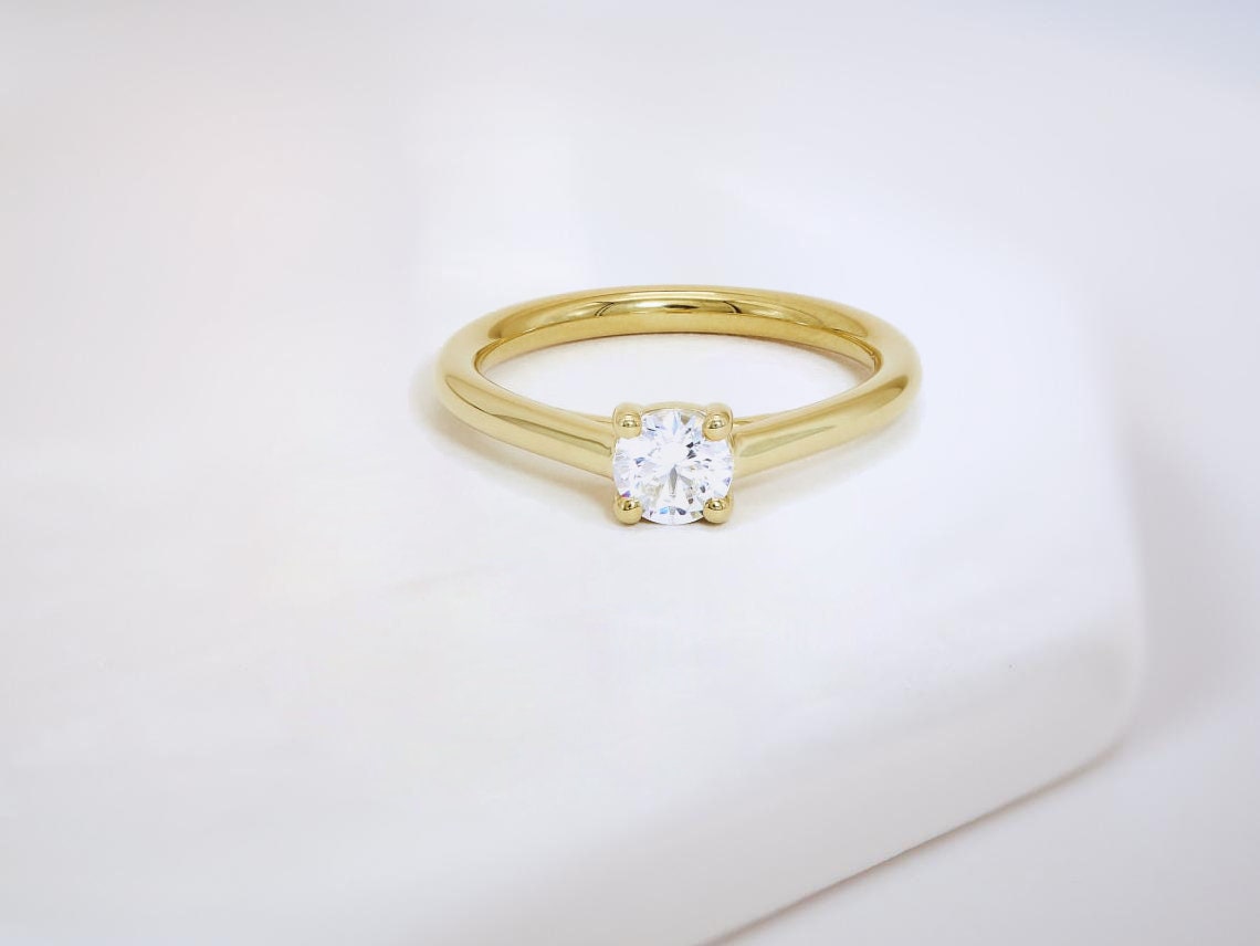 Solitaire Round Moissanite Engagement Ring 14K Yellow Gold Over 925 Sterling Silver Anniversary Ring, Promise Wedding For Her
