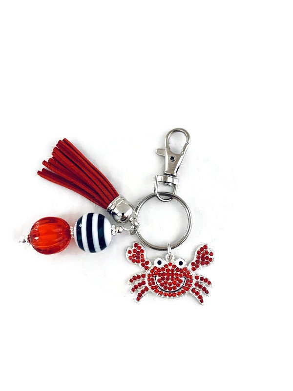 Crab Key Chain, Seafood Crustacean, Gifts, Nautical Beaded Tassel Chain