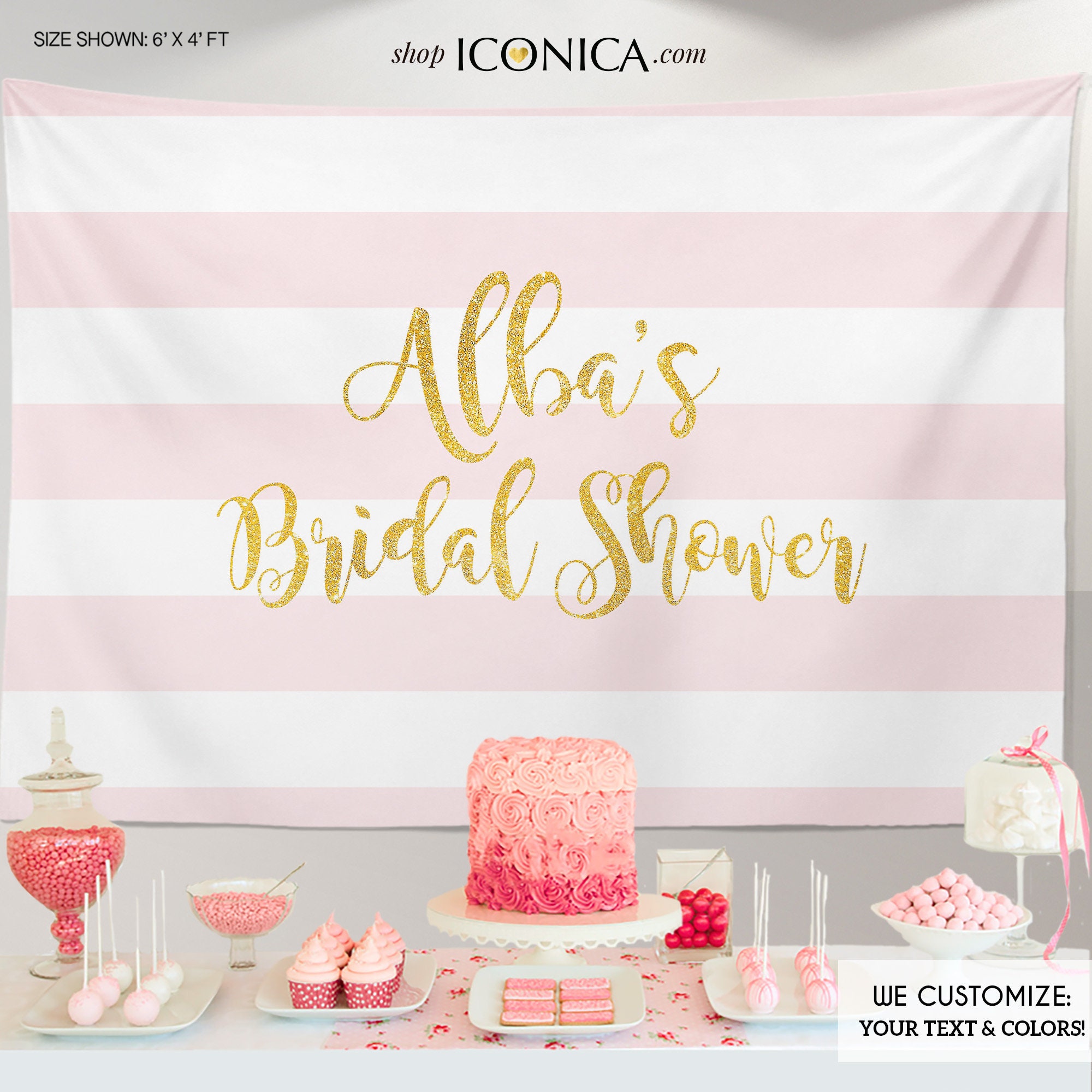 Bridal Shower Backdrop Personalized, Pink Striped Banner Or Any Color, Pink & Gold Dessert Table Printed Printable File Bbr0009