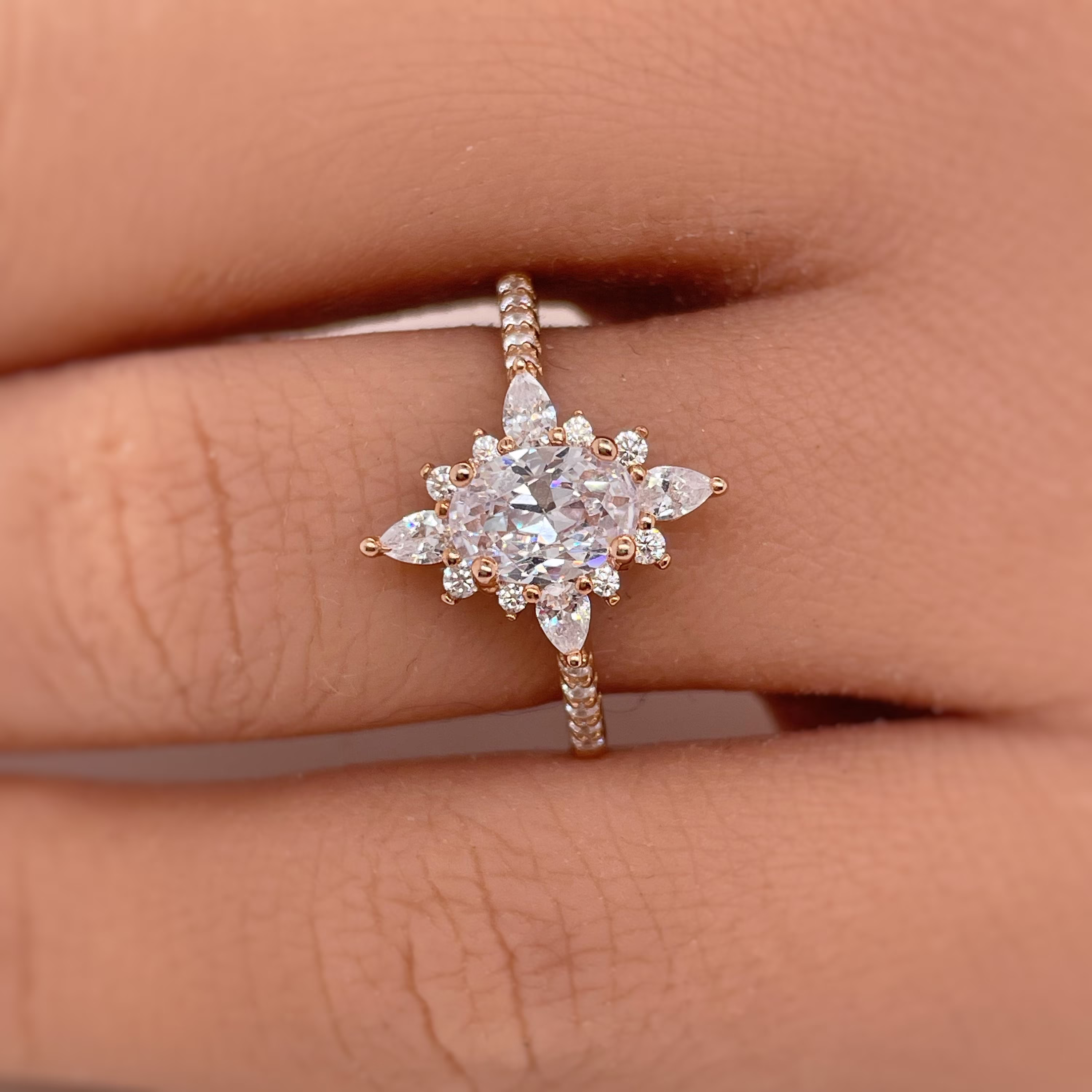 Starburst Engagement Ring Ring, Vintage Dainty Star Art Deco, Flower Cluster Anniversary