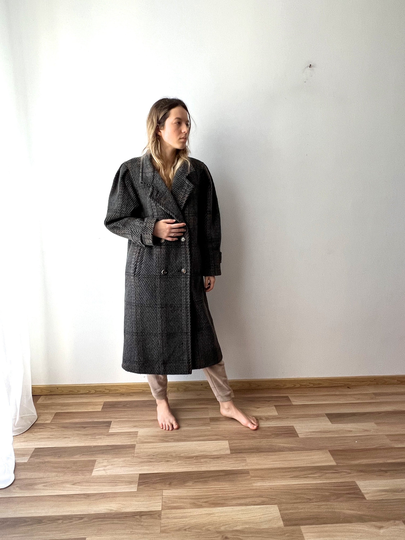 Vintage Lama Blend Wool Coat Grey Brown Plaid Winter Romantic Size Medium Office Lady Grandma 80S Women's Karner