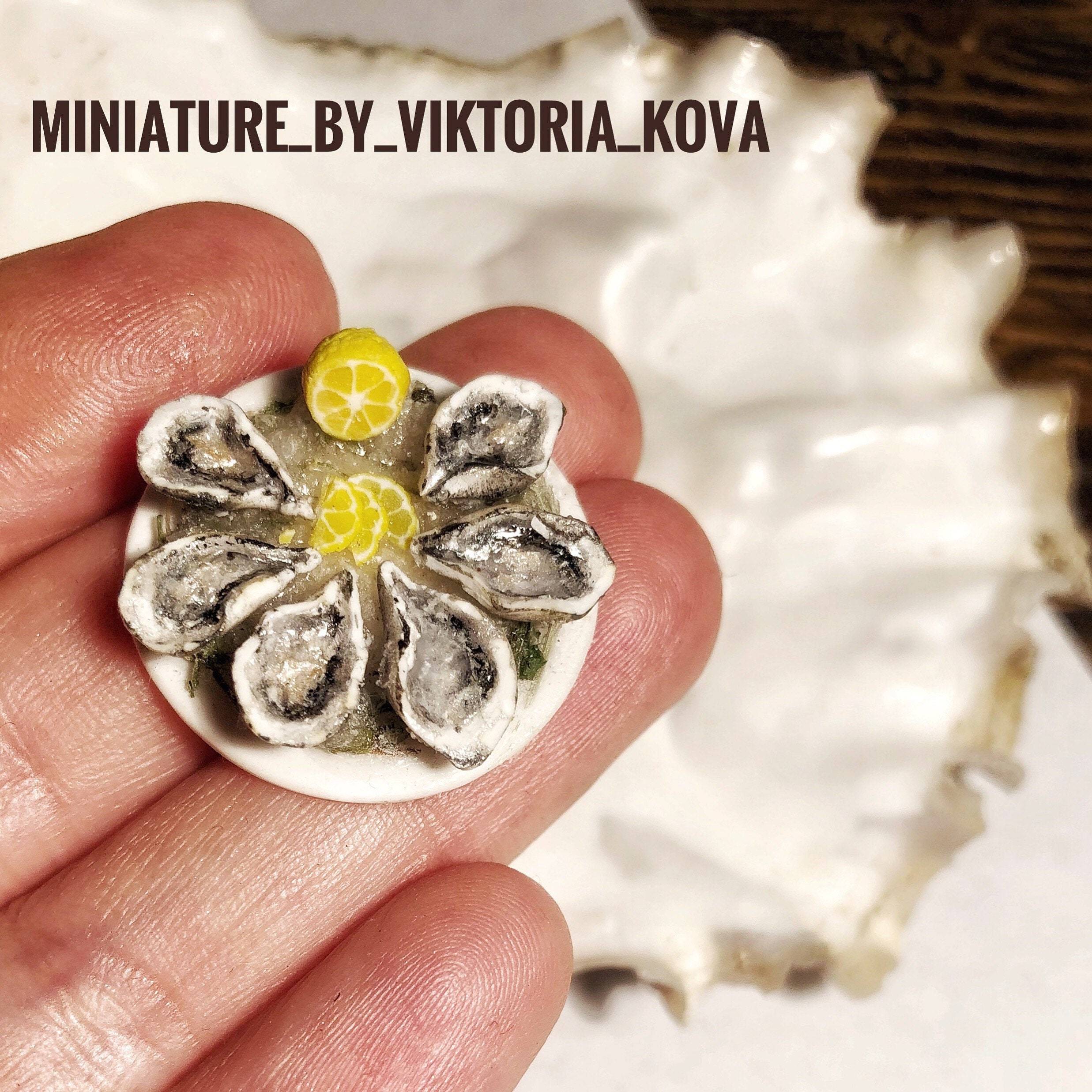 Dollhouse Miniature Dish With Seafood, Oysters, Lemon, Ice Algae. 112