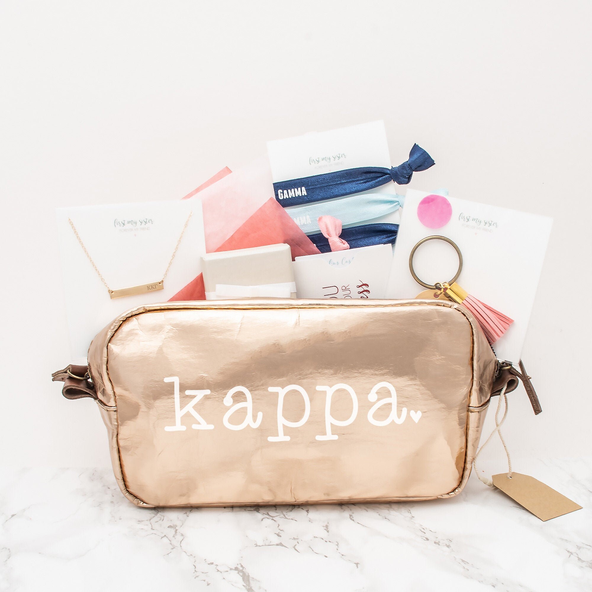 Kappa Gamma Gift Set, Kkg Sorority Gifts Bundle, Greek Pack With Bag, Bar Necklace, Rings, Hair Ties & Keychain