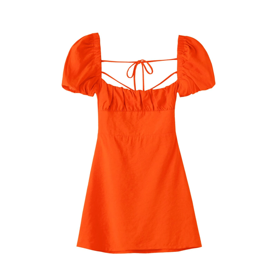 Women White Fashion Linen Blend Dress Female Square Neck Short Puff Sleeves Backless Crossover Straps For Women's