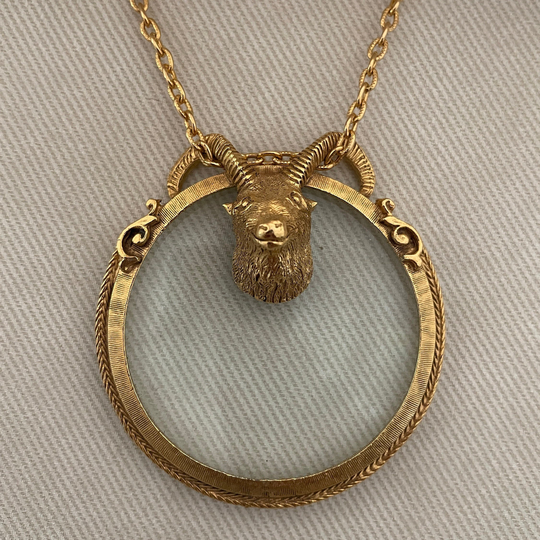 Signed Florenza Ram's Head Figural Magnifying Glass Pendant