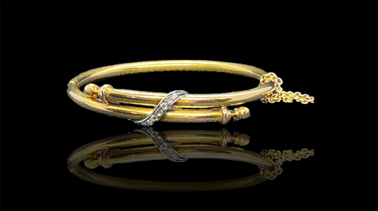 18K Yellow Gold & Rose Cut Diamond Antique French Art Nouveau Bypass Bracelet