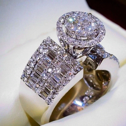 Large Statement Aesthetic Diamond Ring, Baguette Engagement Cubic Zirconia, Iced Out Ring Women, Silver Plated