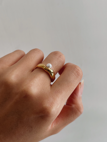 Gold Dainty Pearl Ring, Sophisticated Freshwater Statement Minimalist Band, Dome