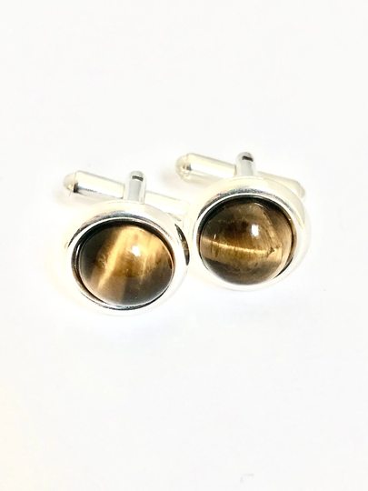 Tigers Eye Cufflinks, Silver Semi Precious Lux Designer Handmade 925 Cufflinks
