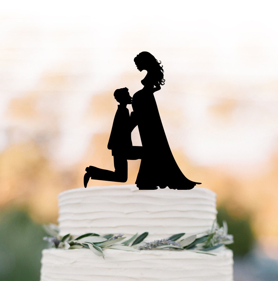 Pregnant Bride Wedding Cake Topper Funny, Bride & Groom Silhouette , Cake Decor, Long Hair
