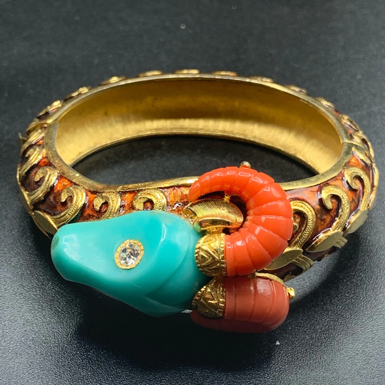 Signed Hattie Carnegie Ram Hinged Bangle Bracelet Enamel Gold Tone Vintage Designer Signed Jewelry