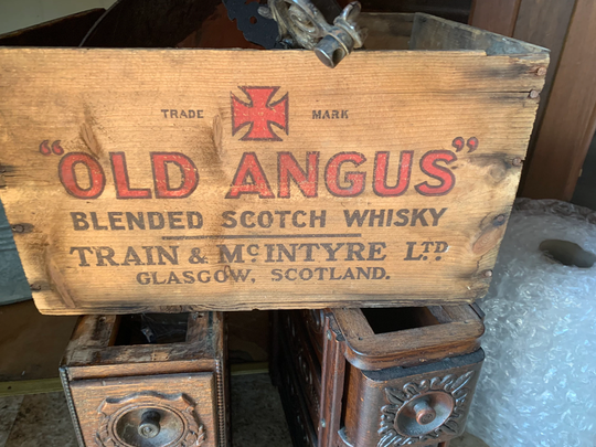 Vintage Old Angus Blended Scotch Whisky Wooden Shipping Box, Glasgow, Scotland & New York, Ny, Approximately 16 X 12 9