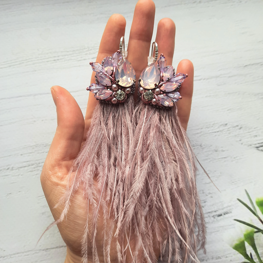 Ukraine Handmade Real Ostrich Feather Earrings, Light Purple Pink Opal Crystal Natural Feathers, Gifts For Her