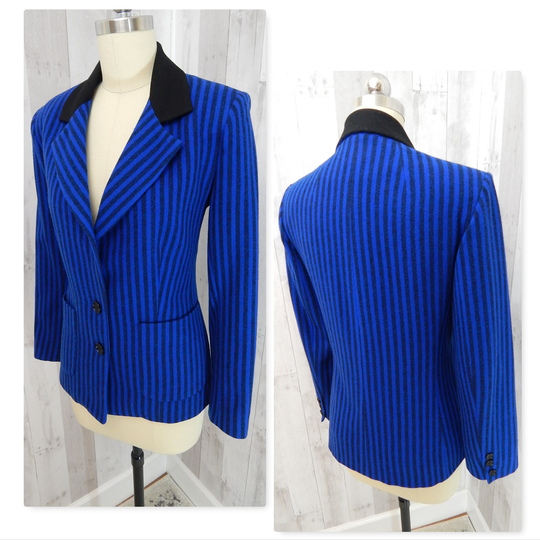 Lilli Ann 1970S Vintage Wool Jacket~Black & Blue Striped Coat/Blazer 1980S S/M