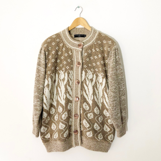 Vintage 90S Angora Blend Beige & White Tulip Leaf Print Knit Cardigan Sweater, Size Small/Medium