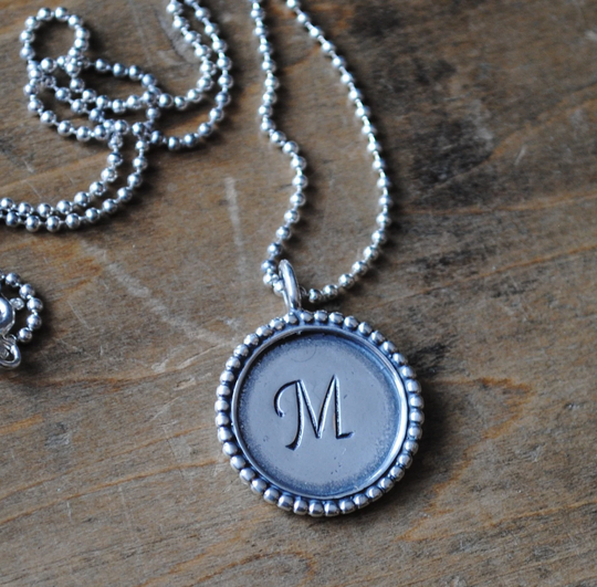 Sterling Necklace Dotted Edge Artisan Style Pendant With Custom Initial . Personalized Monogram