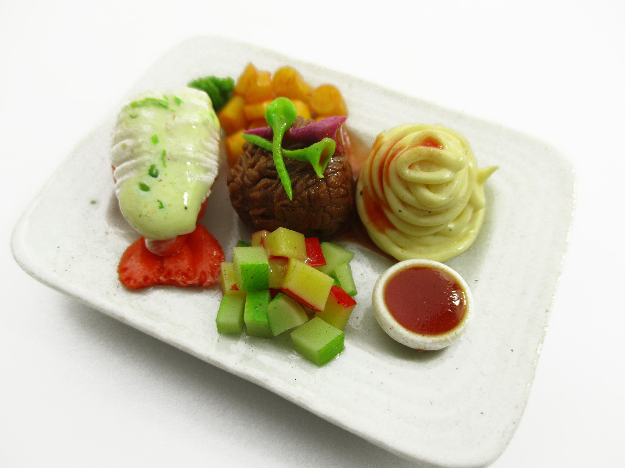 16 Compatible With Barbie Dollhouse Miniature Food Seafood Lobster Steak With Spaghetti 14717