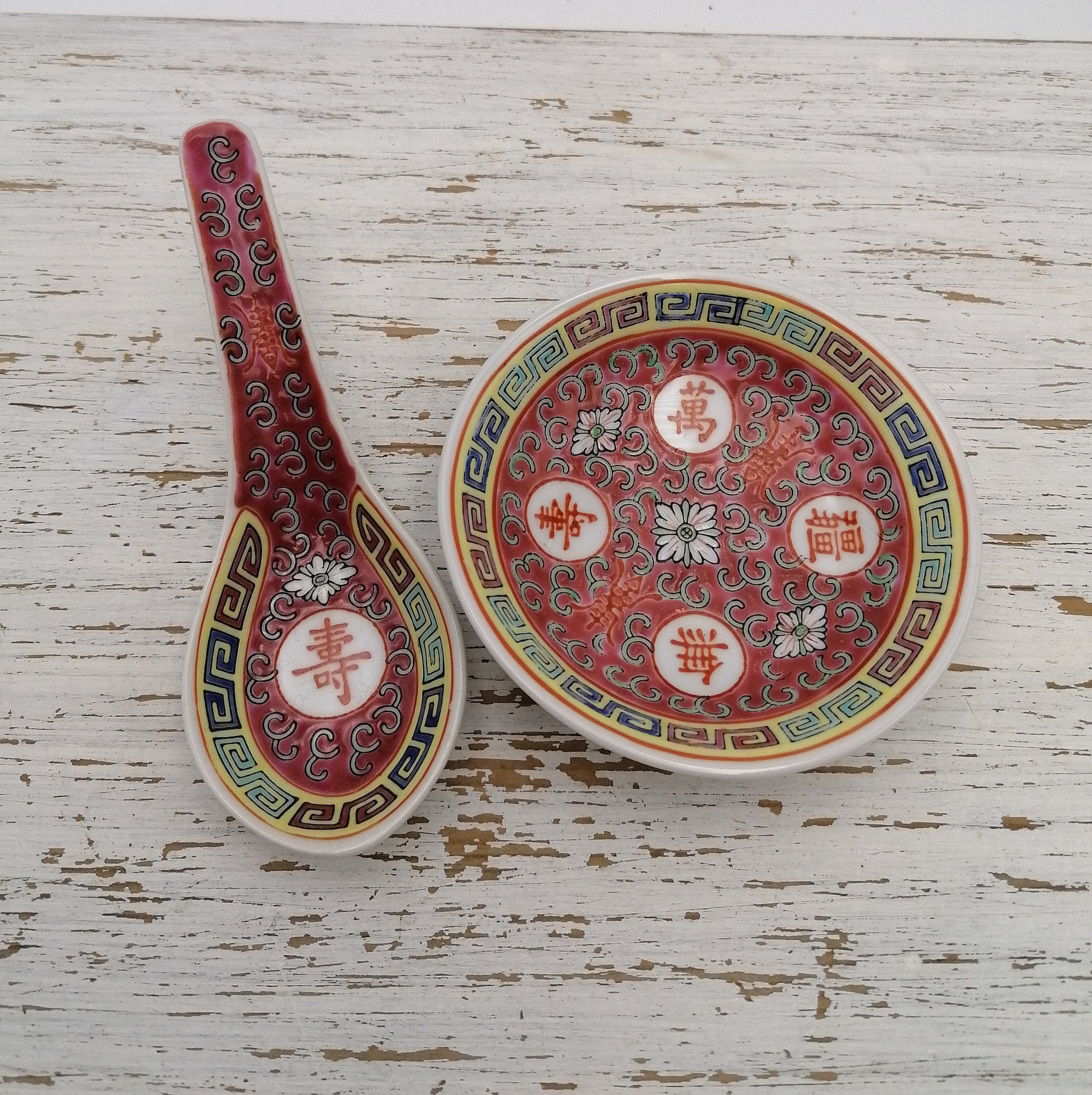 Set Of Mun Shou Small Chinese Soup Bowl With Spoon , Red Cinese Noodle , Spoons, Oriental Set, Asian Kitchenware