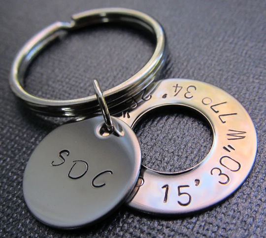 Latitude & Longitude Keyring, Personalized Keychain, Handstamped Gps Coordinates, Graduation Gift, Stainless Steel Keychain