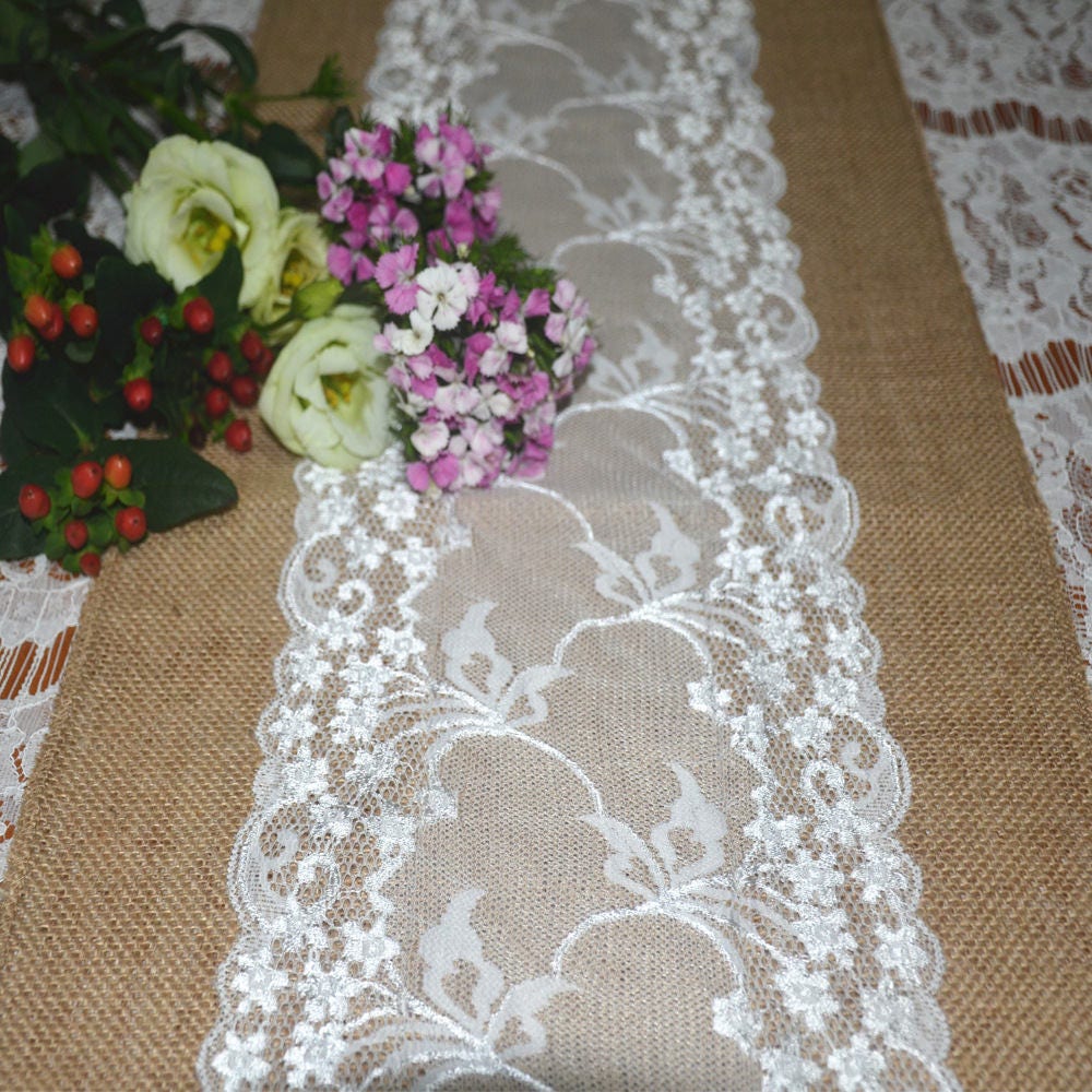 30275cm Natural Jute Burlap Table Runner With Middle White Lace , Vintage Wedding Decorations, Bridal Shower, Baby Rustic Decor
