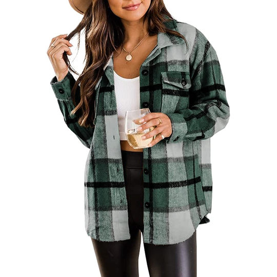 Womens Flannel Shacket Jacket Casual Plaid Wool Blend Button Down Long Sleeve Shirt Fall Clothes Outfits 2022 - green, x-small